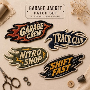 May include: A set of four embroidered patches featuring flame-shaped borders and text. The patches read Garage Crew in orange and cream, Track Club in navy and cream, Nitro Shop in olive and cream, and Shift Fast in yellow and black.