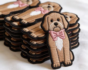 Cute Dog with Pink Bow Tie Embroidered Iron On Patch | Puppy Applique for Jackets Jeans Bags | Animal Embroidery Patch