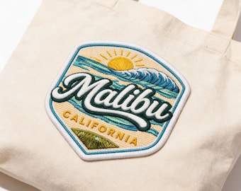 Malibu California Embroidered Patch, Surf Wave Beach Patch, Coastal Travel Badge, Iron On Patch for Tote Jacket