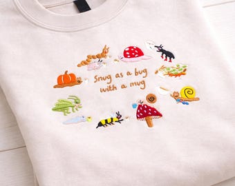 Snug as a Bug with a Mug Embroidered Sweatshirt, Cozy Fall Crewneck, Cute Autumn Shirt, Cottagecore Gift for Her
