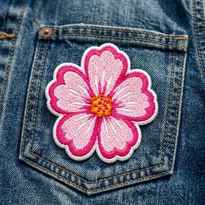 May include: An embroidered patch shaped like a five-petaled flower with light pink petals, a vibrant hot pink border, and a yellow and orange center, attached to the back pocket of a pair of blue denim jeans with visible stitching.