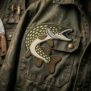 May include: An olive green waxed canvas jacket featuring a large embroidered patch of a northern pike fish on the chest pocket. The fish is depicted in shades of green, cream, and brown with an open mouth showing sharp teeth and detailed scales.