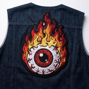Flaming Eyeball Large Back Patch, Burning Eye Traditional Tattoo Sew On Patch for Denim Vest, Biker Gothic Halloween Applique