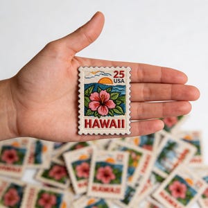 May include: Embroidered patch featuring a Hawaiian stamp design. The patch displays a pink hibiscus flower, a sunset, and the word "HAWAII". The stamp is labeled "25 USA". The patch is held in a hand.