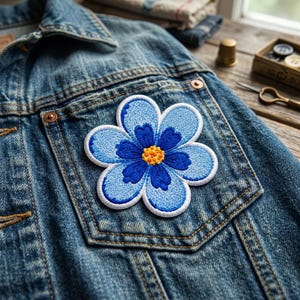 May include: A blue denim jacket featuring a six-petaled flower patch centered on the chest pocket. The embroidered patch displays light blue outer petals, darker blue inner petals, and a textured yellow center with a white border.