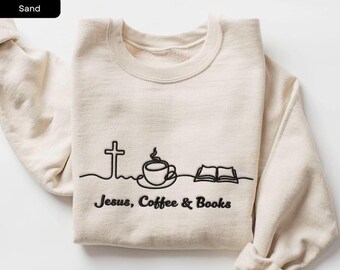 Embroidered Christian Sweatshirt Jesus Coffee Books Minimalist Line Art Sweater, Unisex Church Pastor Gift, Coffee & Book Lover Faith Shirt