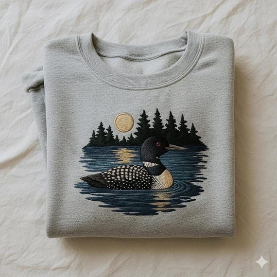 Embroidered Loon Sweatshirt, Moonlight Forest, Cabin Life Outdoors