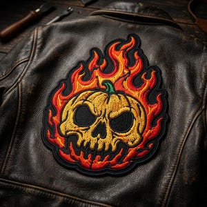 Flaming Pumpkin Skull Large Back Patch, Halloween Jack O Lantern Flame Sew On, Biker Gothic Tattoo Style Jacket Applique