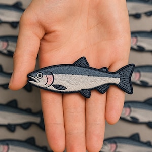 Silver Salmon Embroidered Patch | Saltwater Fishing Applique | Coastal Angler Gift | Ocean Boat Gear | Offshore Fisherman Iron On