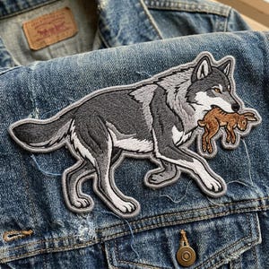 Gray Wolf Embroidered Patch, Wolf Hunting Rabbit Sew On Iron On Emblem, Large Jacket Back Patch, Wildlife Nature Gift for Denim Jacket