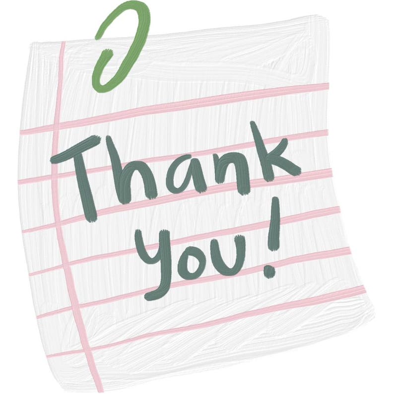 Może przedstawiać: Biały notatnik z r&oacute;żowymi poziomymi liniami i zielonym spinaczem u g&oacute;ry. Słowa "Thank you!" są napisane ciemnozieloną, odręczną czcionką.