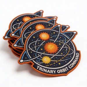 May include: A stack of embroidered patches featuring a space-themed design. The patches have a navy blue background with orange, white, and blue accents. The design includes stylized suns, orbits, and stars, with the text "TRINARY ORBIT COMMAND".