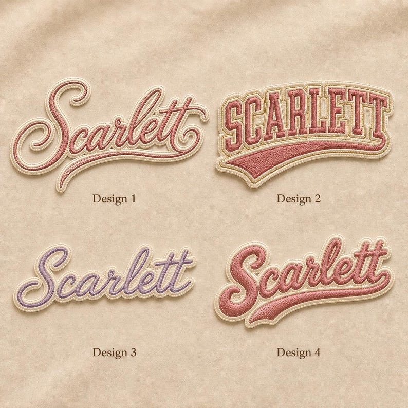 May include: Four embroidered patches featuring the name Scarlett in various fonts and colors. Design 1 is a dusty rose cursive script. Design 2 is a block letter varsity style in dusty rose. Design 3 is a lavender cursive script. Design 4 is a bold dusty rose cursive script.