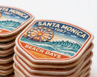 Santa Monica Beach Days Embroidered Patch, California Surf Wave Patch, Travel Souvenir Badge, Iron On Jacket Patch