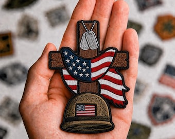 Military Memorial Cross Embroidery Design, Fallen Soldier Tribute Patch, Combat Boots Helmet Flag, Veteran Honor Machine Embroidery
