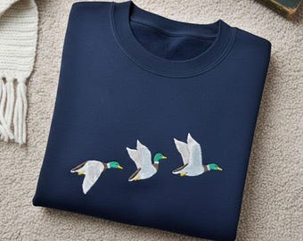 Embroidered Mallard Duck Sweatshirt, Flying Ducks Nature Crewneck, Hunter Gift, Aesthetic Wildlife Navy Blue Pullover