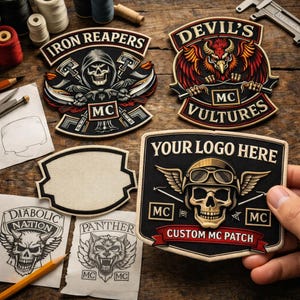 May include: A collection of motorcycle club patches with various designs, including a grim reaper, a skull with wings, and a stylized eagle. The patches are black, red, and gold, with the words "IRON REAPERS", "DEVIL'S VULTURES", and "CUSTOM MC PATCH".