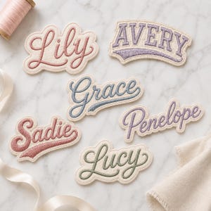 May include: Six embroidered fabric patches featuring names in various colors and fonts. The names Lily, Avery, Grace, Sadie, Penelope, and Lucy are stitched in script or block lettering on cream-colored felt backings with matching thread borders.