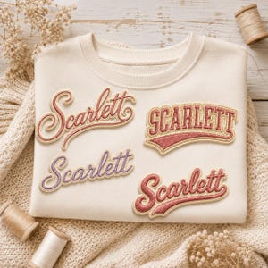 May include: A cream-colored sweatshirt featuring four distinct embroidered patches, each displaying the name Scarlett in various fonts and colors, including red, pink, and purple thread with gold-toned outlines, arranged on the front fabric.