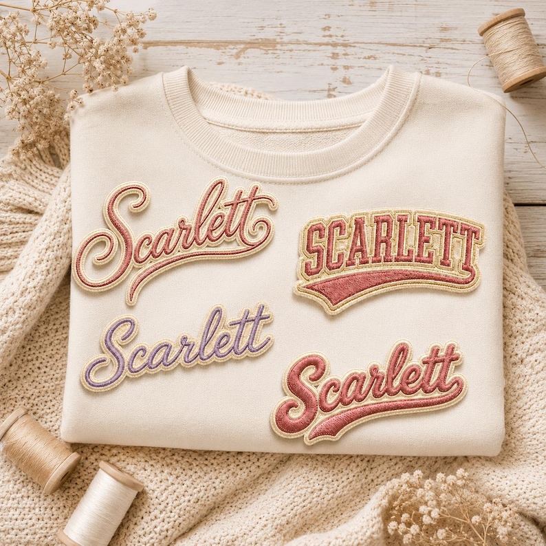 May include: A cream-colored sweatshirt featuring four distinct embroidered patches, each displaying the name Scarlett in various fonts and colors, including red, pink, and purple thread with gold-toned outlines, arranged on the front fabric.