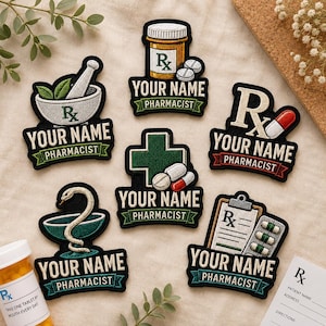 Custom Pharmacist Embroidered Patch, Personalized Rx Pharmacy Tech Name Badge, Medical Scrub Lab Coat Uniform Accessory