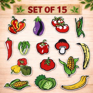 Vegetable Embroidered Patch Set of 15, Cute Veggie Iron On Patch Bundle, Food Patch Set for Jacket Backpack, Tomato Corn Pepper Sew On Patch