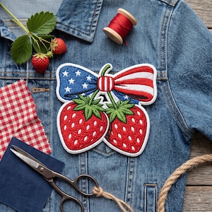 May include: An embroidered patch featuring two red strawberries with green leaves attached to a central bow patterned with white stars on a blue background and red and white stripes, placed on a blue denim jacket with sewing supplies nearby.