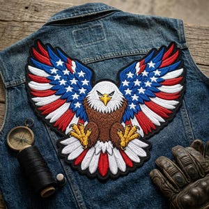 May include: A large embroidered patch featuring a bald eagle with wings spread wide. The wings display a pattern of red and white stripes with white stars on a blue field. The eagle has a white head, brown body, and yellow talons.