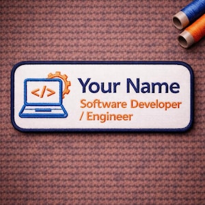 May include: Embroidered patch with a white background and a blue border. The patch features a blue laptop icon with code symbols, an orange gear, and the text "Your Name" and "Software Developer / Engineer" in blue and orange.