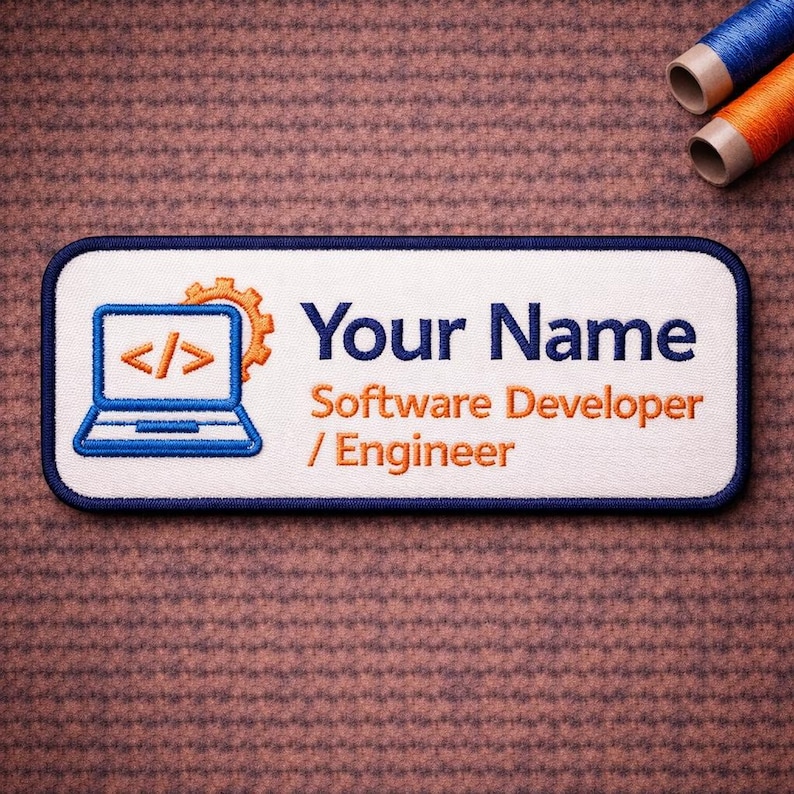 May include: Embroidered patch with a white background and a blue border. The patch features a blue laptop icon with code symbols, an orange gear, and the text "Your Name" and "Software Developer / Engineer" in blue and orange.