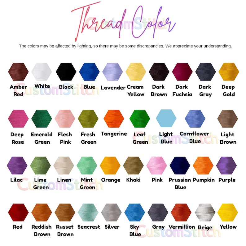 May include: A color chart titled Thread Color displaying forty hexagonal swatches of embroidery thread in various shades including amber red, white, black, blue, lavender, cream yellow, dark brown, dark fuchsia, dark gray, deep gold, and others.