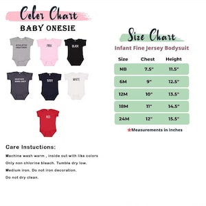 Puede incluir: Tabla de colores para bodies de beb&eacute; en varios colores, incluyendo gris atl&eacute;tico, rosa, negro, gris oscuro jaspeado, azul marino, blanco y rojo. Tabla de tallas con medidas de pecho y altura en pulgadas para bodies de beb&eacute; de punto fino.