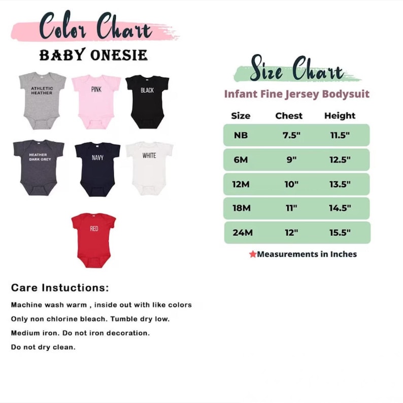 Puede incluir: Tabla de colores para bodies de beb&eacute; en varios colores, incluyendo gris atl&eacute;tico, rosa, negro, gris oscuro jaspeado, azul marino, blanco y rojo. Tabla de tallas con medidas de pecho y altura en pulgadas para bodies de beb&eacute; de punto fino.