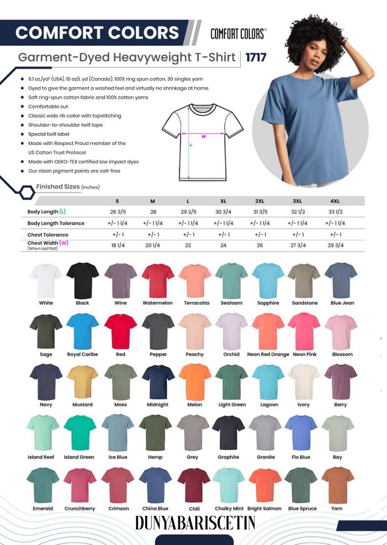 Puede incluir: Camisetas Comfort Colors te&ntilde;idas con tintes para prendas de alta calidad en varios colores. La imagen muestra un modelo con una camiseta azul, una tabla de tallas y una carta de colores con opciones como blanco, negro y rojo. Tallas de la S a la 4XL.