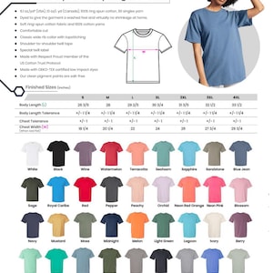May include: A Comfort Colors garment-dyed heavyweight T-shirt in various colors. The image displays a size chart with measurements in inches and a color chart with options like white, black, and blue jean. The shirt has a classic wide rib collar.