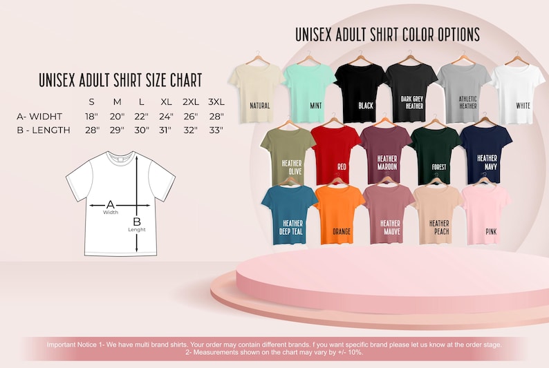 May include: Image shows a unisex adult shirt size chart with measurements in inches and a colour chart. Shirt sizes range from S to 3XL, with widths from 18" to 28" and lengths from 28" to 33". Colour options include Natural, Mint, Black, and more.
