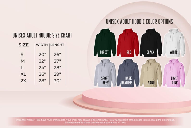 May include: A chart displaying unisex adult hoodie size and color options. Sizes range from S to 2X, with widths from 20" to 28" and lengths from 26" to 30". Color options include Forest, Red, Black, White, Sport Grey, Dark Heather, Sand, and Light Pink.
