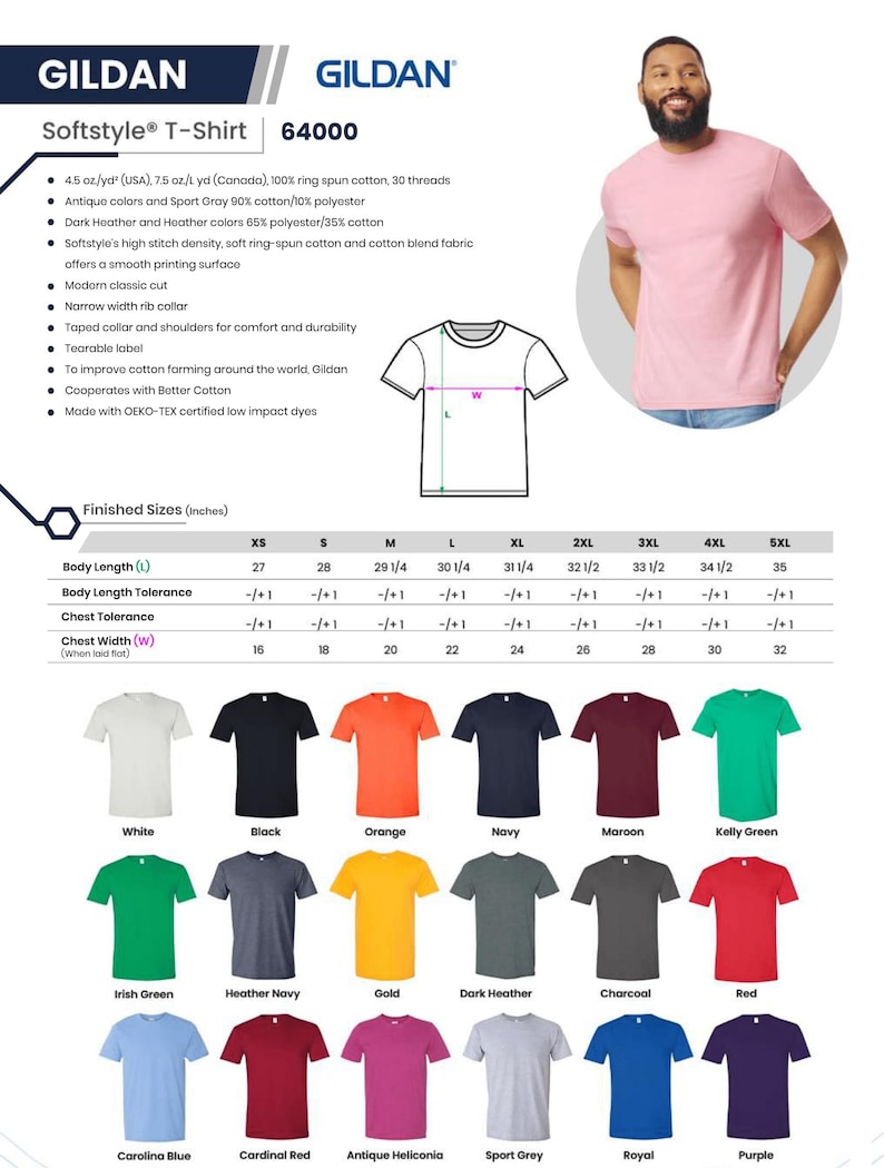 Puede incluir: Una camiseta Gildan Softstyle en varios colores, incluyendo blanco, negro, naranja y azul marino. La imagen muestra a un hombre con una camisa rosa. La camiseta presenta un corte cl&aacute;sico moderno y un cuello de canal&eacute; estrecho. Las tallas acabadas se muestran en pulgadas.