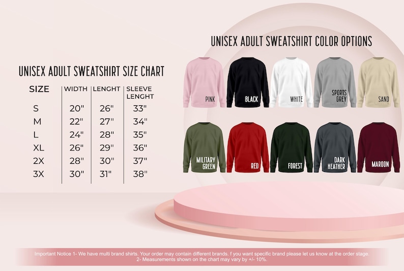 May include: A chart showing unisex adult sweatshirt sizes and colours. Sizes range from S to 3X, with widths from 50.8cm to 76.2cm, lengths from 66cm to 78.7cm, and sleeve lengths from 83.8cm to 96.5cm. Colours include pink, black, white, sports grey, sand, military green, red, forest, dark heather, and maroon.