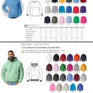 May include: Image features two Gildan apparel items: a crewneck sweatshirt and a hoodie. The sweatshirt, in light blue, and the hoodie, in light green, are modeled. Color swatches and size charts are also displayed, with measurements in inches.