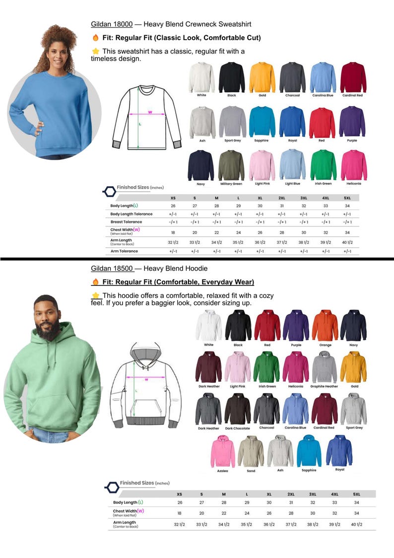 May include: Image features two Gildan apparel items: a crewneck sweatshirt and a hoodie. The sweatshirt, in light blue, and the hoodie, in light green, are modeled. Color swatches and size charts are also displayed, with measurements in inches.