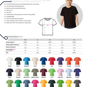 May include: A Gildan Heavy Cotton Youth T-Shirt in black, with a classic cut and rib collar. The image includes a size chart with measurements in inches and a color chart with various options. The shirt is made of 100% cotton.