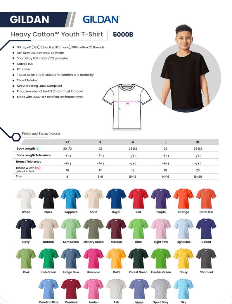 May include: A Gildan Heavy Cotton Youth T-Shirt in black, with a classic cut and rib collar. The image includes a size chart with measurements in inches and a color chart with various options. The shirt is made of 100% cotton.