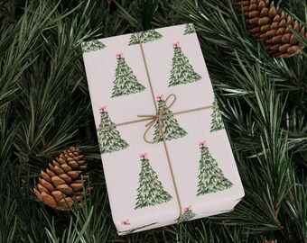Pink Christmas Wrapping Paper Light Pink Gift Wrap with Christmas Trees Holiday Packaging