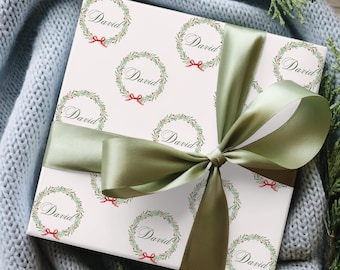 Personalized Christmas Wrapping Paper, Greenery Wreath Design