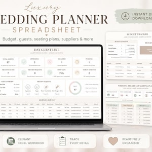 Könnte beinhalten: Eine digitale Hochzeitsplaner-Tabelle auf einem Laptop-Bildschirm mit Abschnitten für eine Gästeliste, einen Budget-Tracker und einen Sitzplan für das Hochzeitsfrühstück, inklusive organisierter Tabellen, Diagramme und Datenfelder.