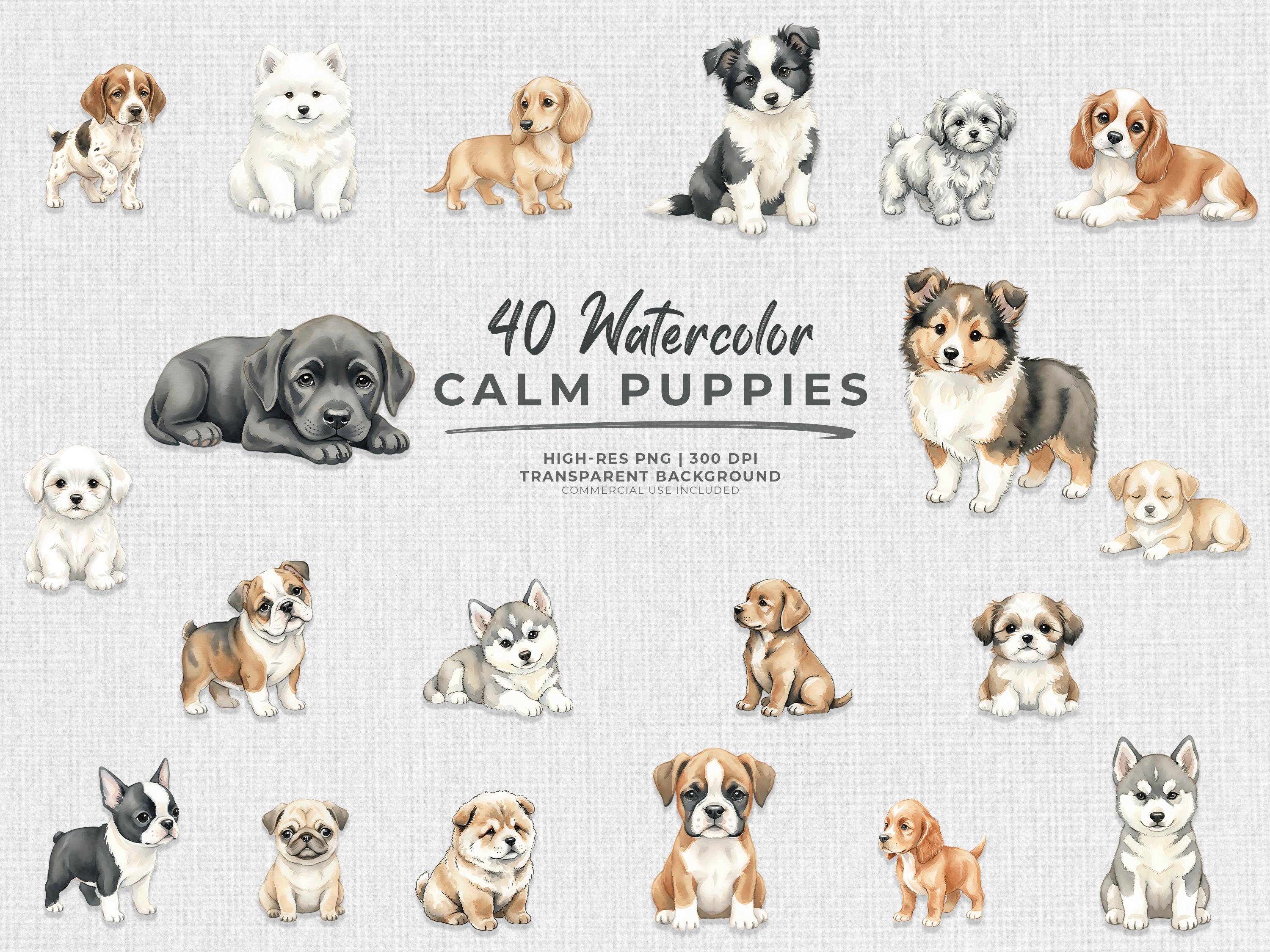Watercolor Puppy Clipart Bundle | 40 Soft Nursery Illustrations (PNG ...