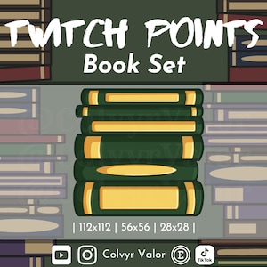 以下が含まれることがあります： 「Twitch Points Book Set」のテキストが入った本のセットのグラフィックイラスト。本は緑色で、金色のアクセントが付いています。背景には、さまざまな色の本が並んだ本棚のデザインが描かれています。ソーシャルメディアのアイコンとサイズも含まれています。