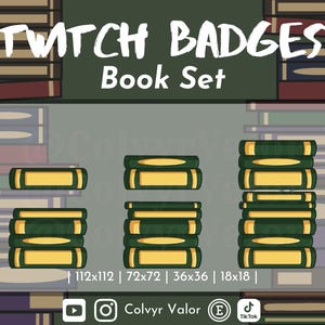 以下が含まれることがあります： Twitchバッジのイラスト、本のセットデザイン。バッジは緑と金色で、本の山を描いています。「TWITCH BADGES Book Set」の文字が上部にあります。サイズは112x112、72x72、36x36、18x18です。