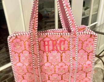 Personalized Monogrammed Quilt Tote Bag: Custom Embroidered Travel and Storage